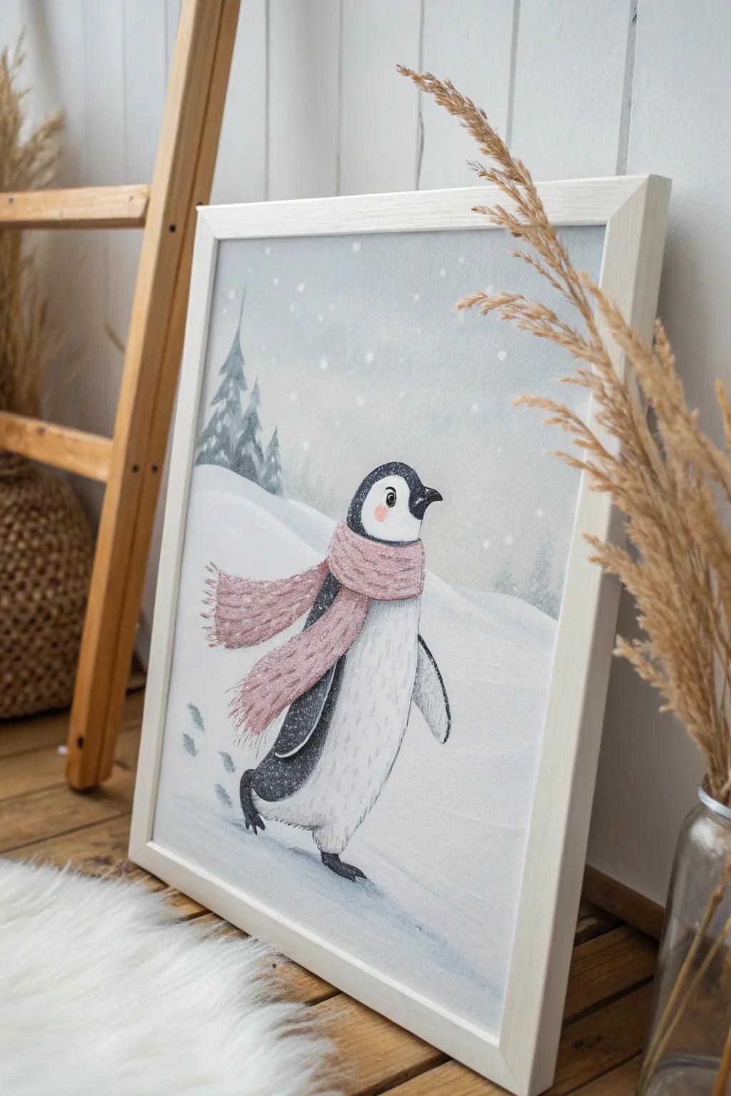 Whimsical winter charisma featuring a playful flightless bird in pastel undertones.