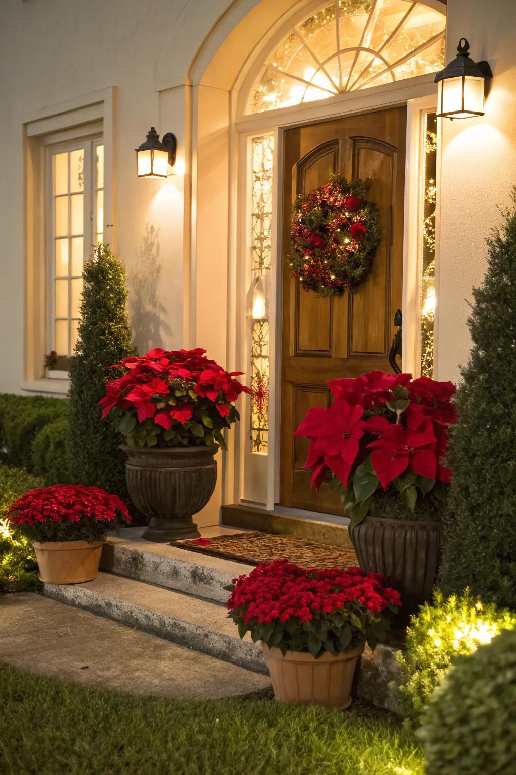 Poinsettias within containers yield vibrant holiday cheer.