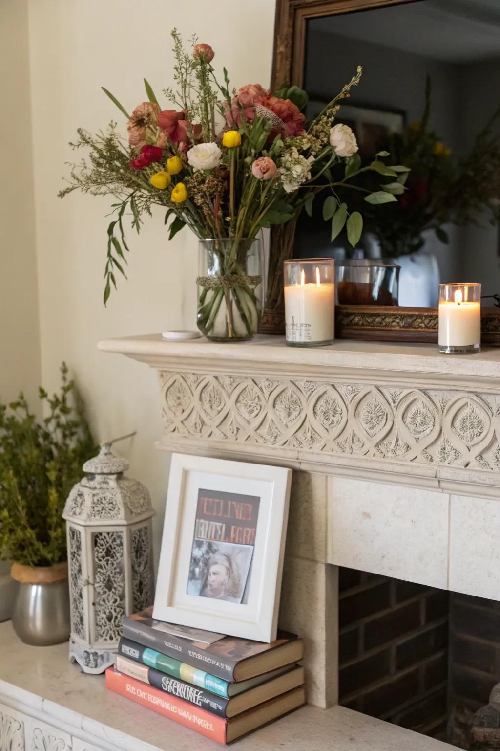 Asymmetry adds a modern and dynamic feel to this mantel.