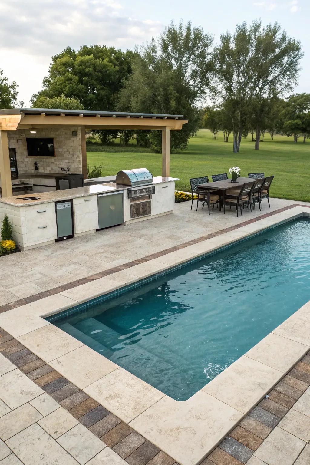An outdoor kitchen makes poolside dining convenient.