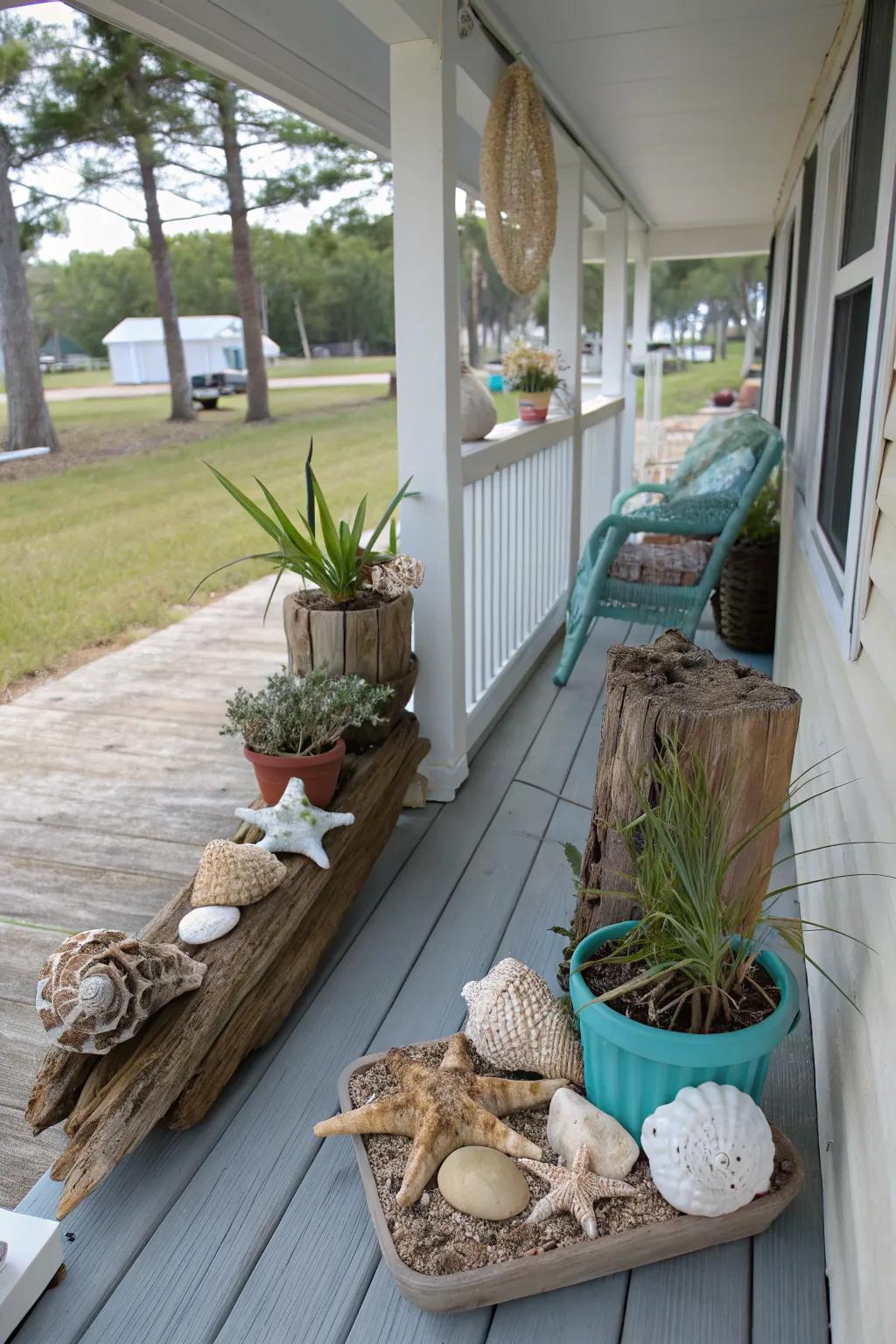 Themed ornaments craft a unique veranda mood.