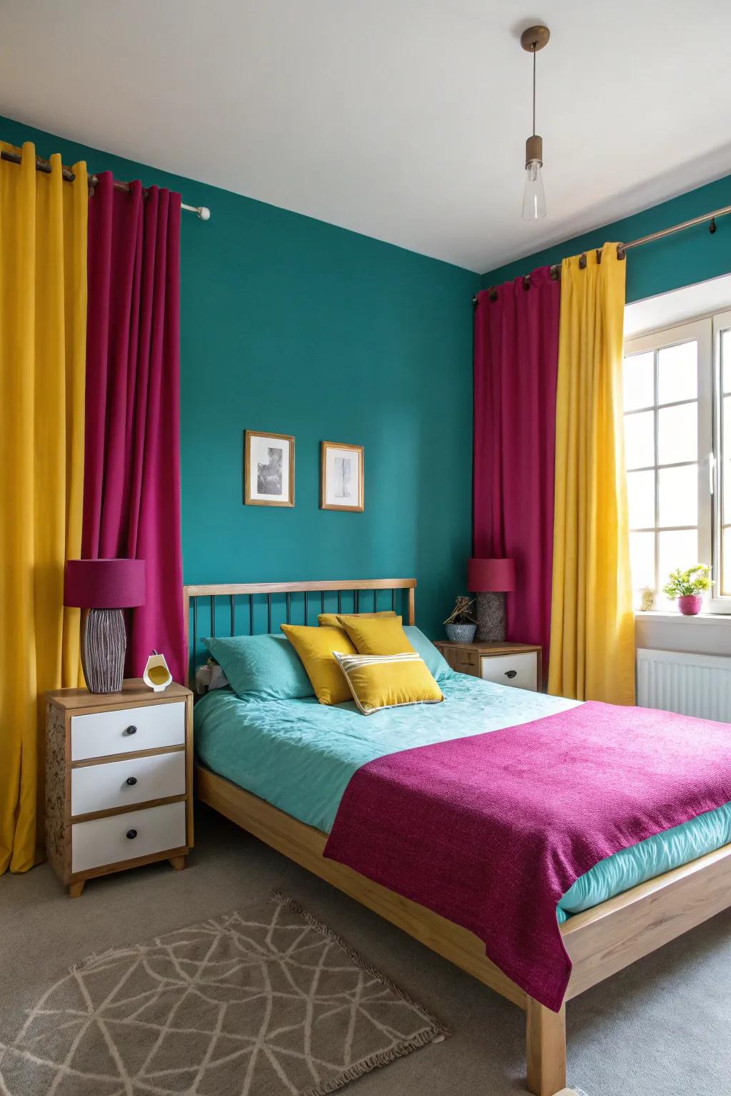 Unconventional color schemes results in a lively and original sleeping space.