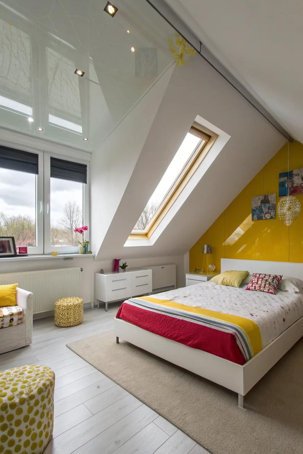 Glossy paint reflects light and expands the sense of space in this modern bedroom.