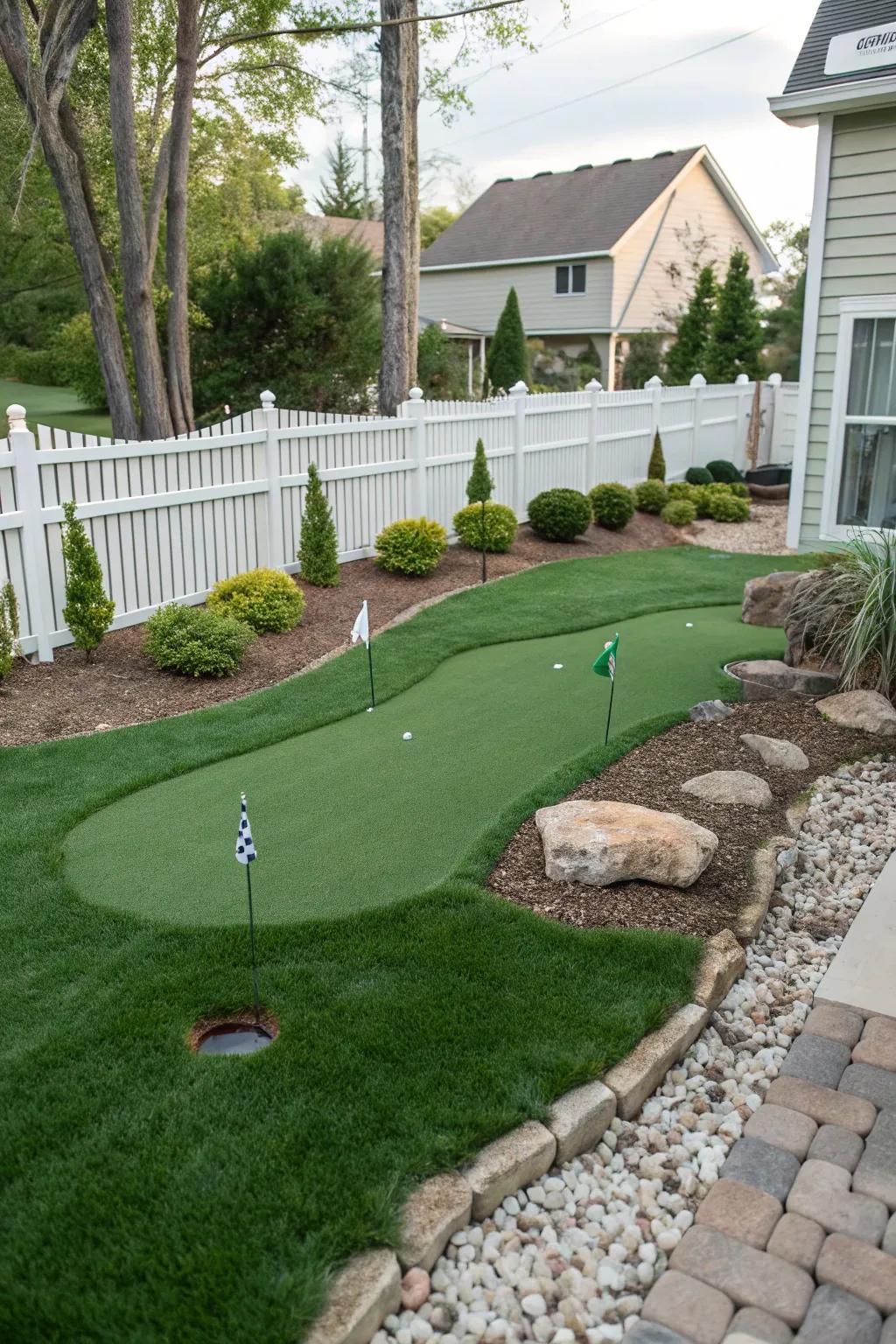 A creatively elevated putting green attaching depth to a compact yard.