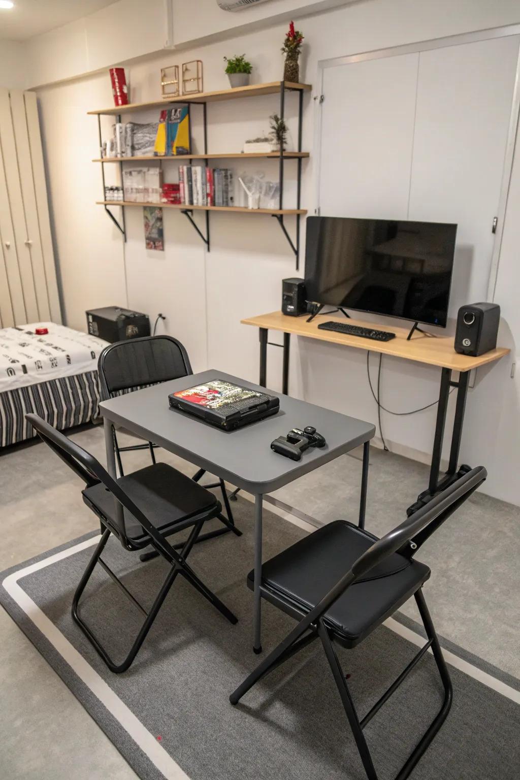 Furniture that folds provides flexibility in a compact gaming room.