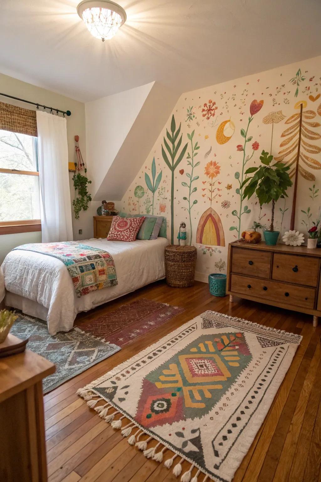 A DIY component similar to a hand-painted mural injects a personal nuance into this boho bedroom