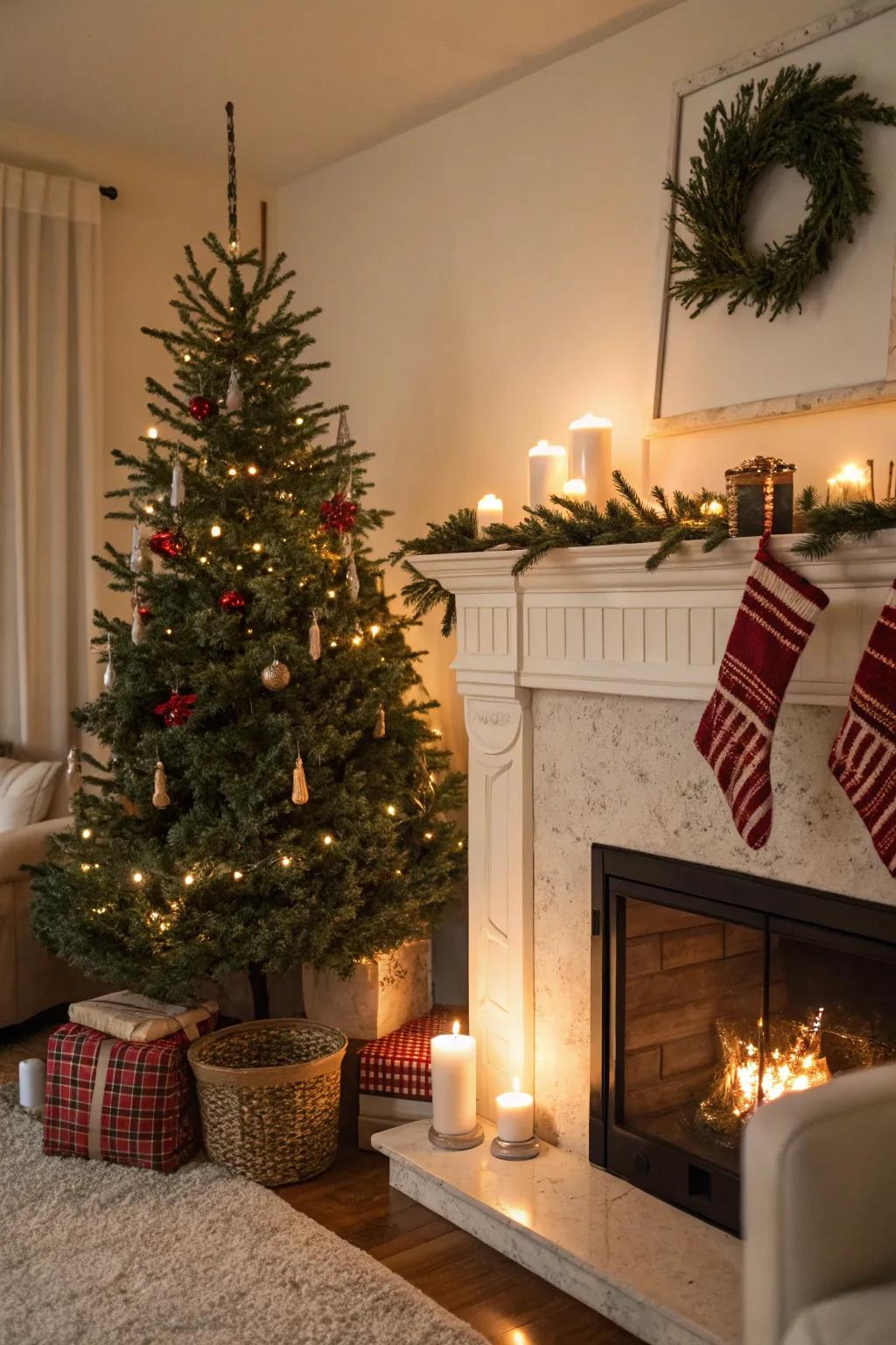 A diminutive evergreen upon the mantel contributes an enchanting holiday nuance to the décor.