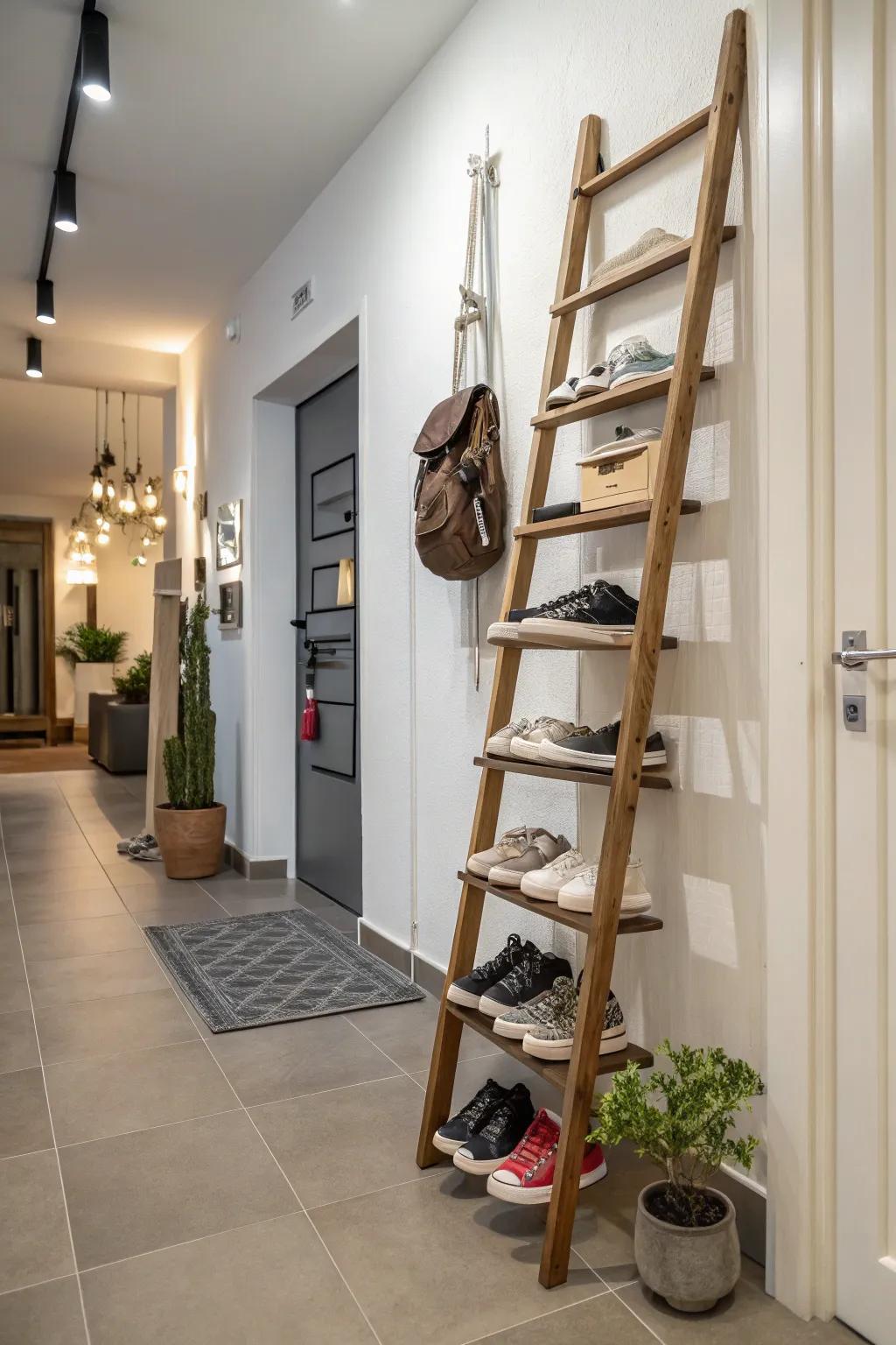 Ladder displays offer vertical and stylish footwear storage.