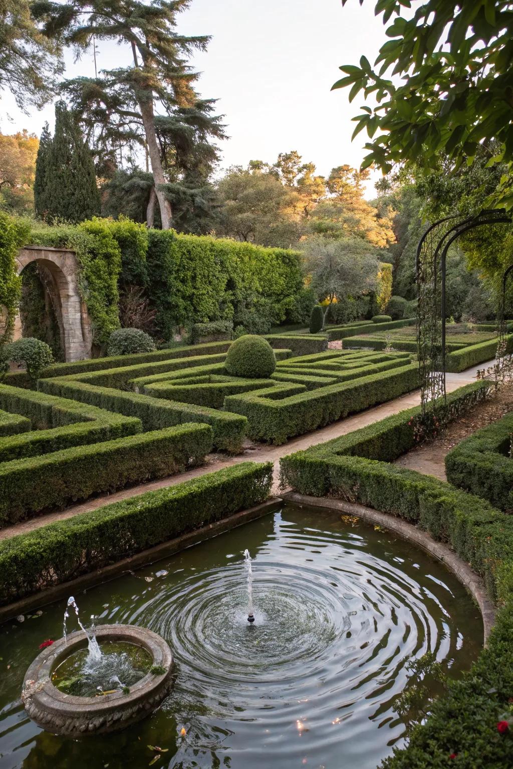 A reflective pond maze contributing tranquility to the garden.
