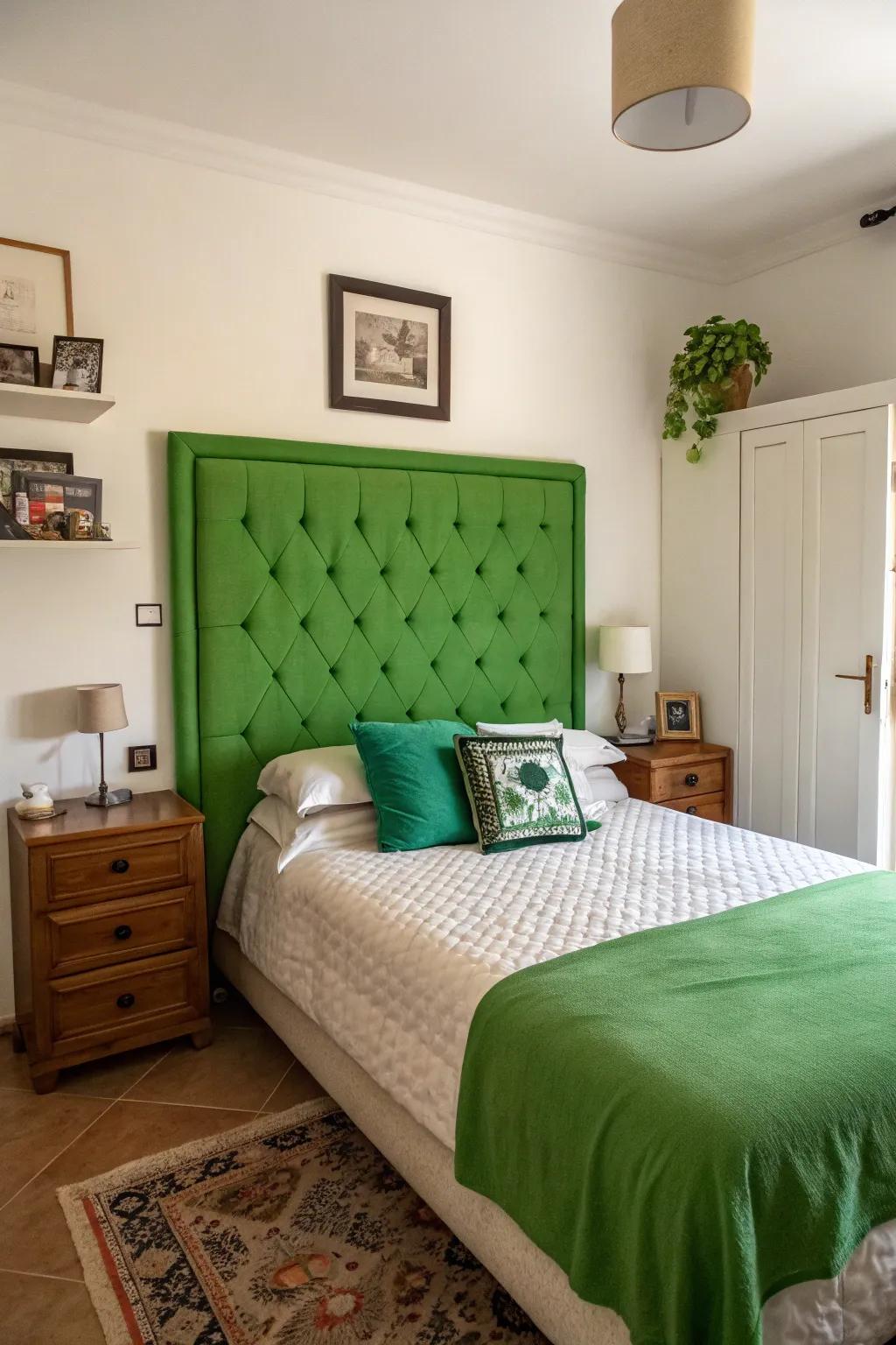 A green headboard provides a striking key visual point.