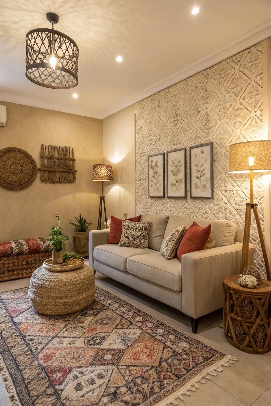 A compact living space showcasing matte walls for a textured feel.