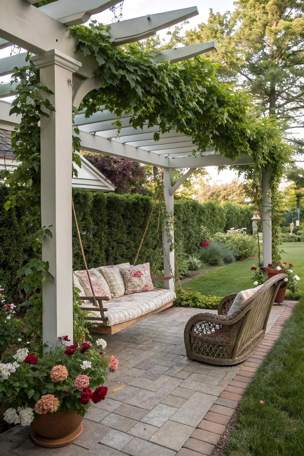 A swing chair contributes a spirited and snug element to a small canopy.