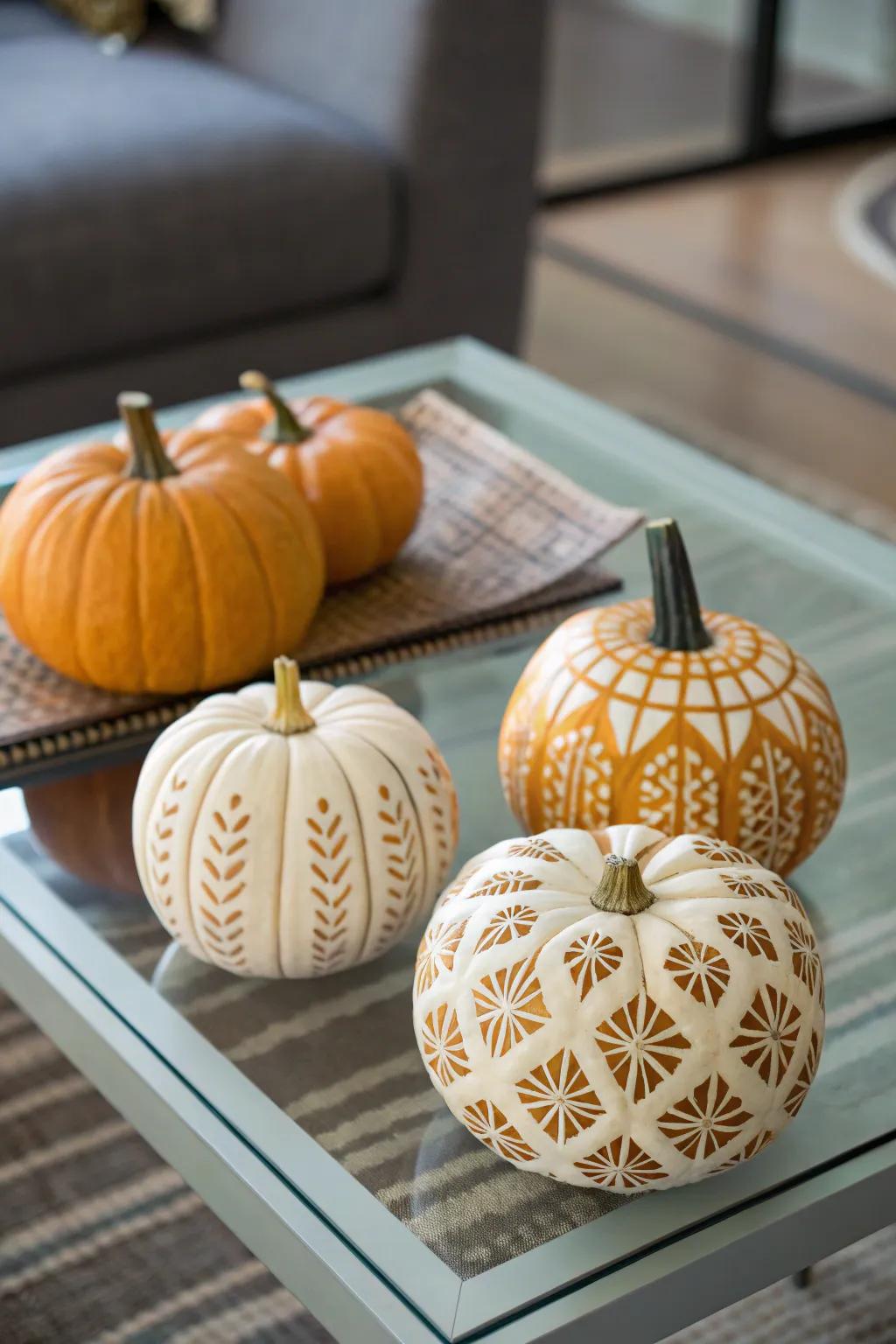 Stenciled pumpkins provides sophisticated, complex designs.