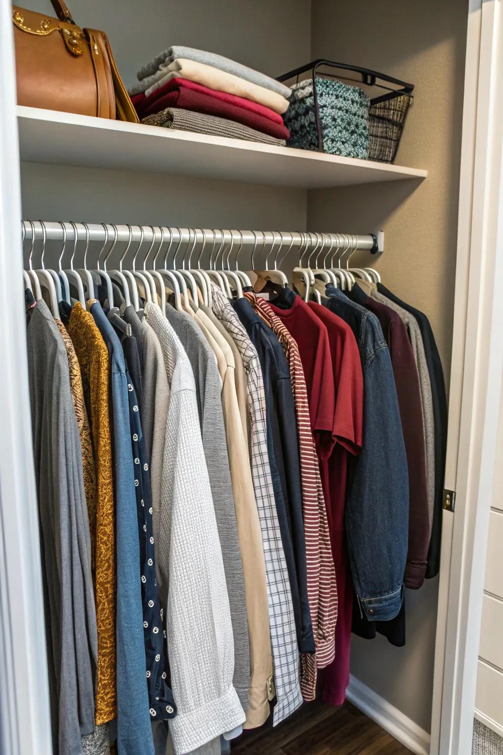 Space-conserving holders maximize wardrobe capacity.