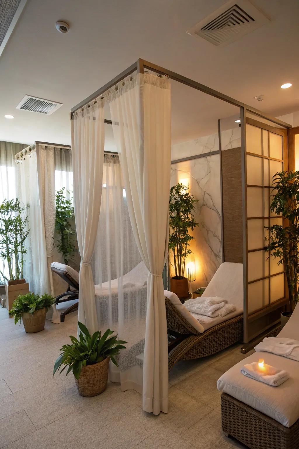 See through room dividers maintaining light and openness in a spa room