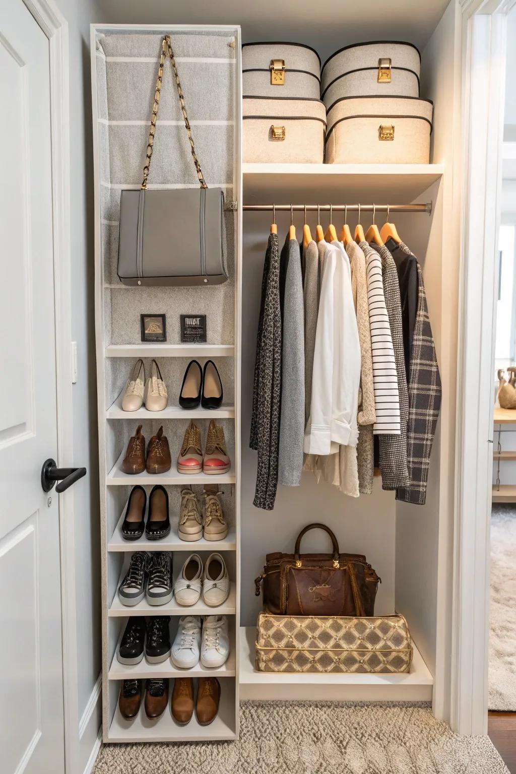 A hanging organizer in a closet, maximizing space for shoes and accessories.