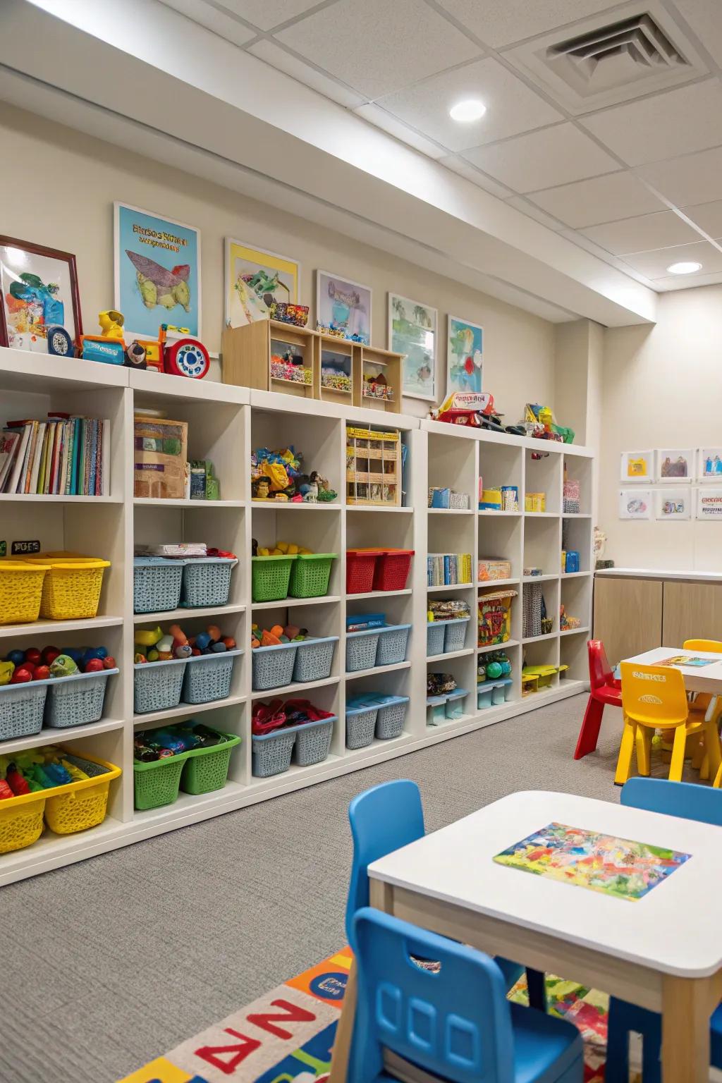 A toy library system provides an educational approach to toy storage.