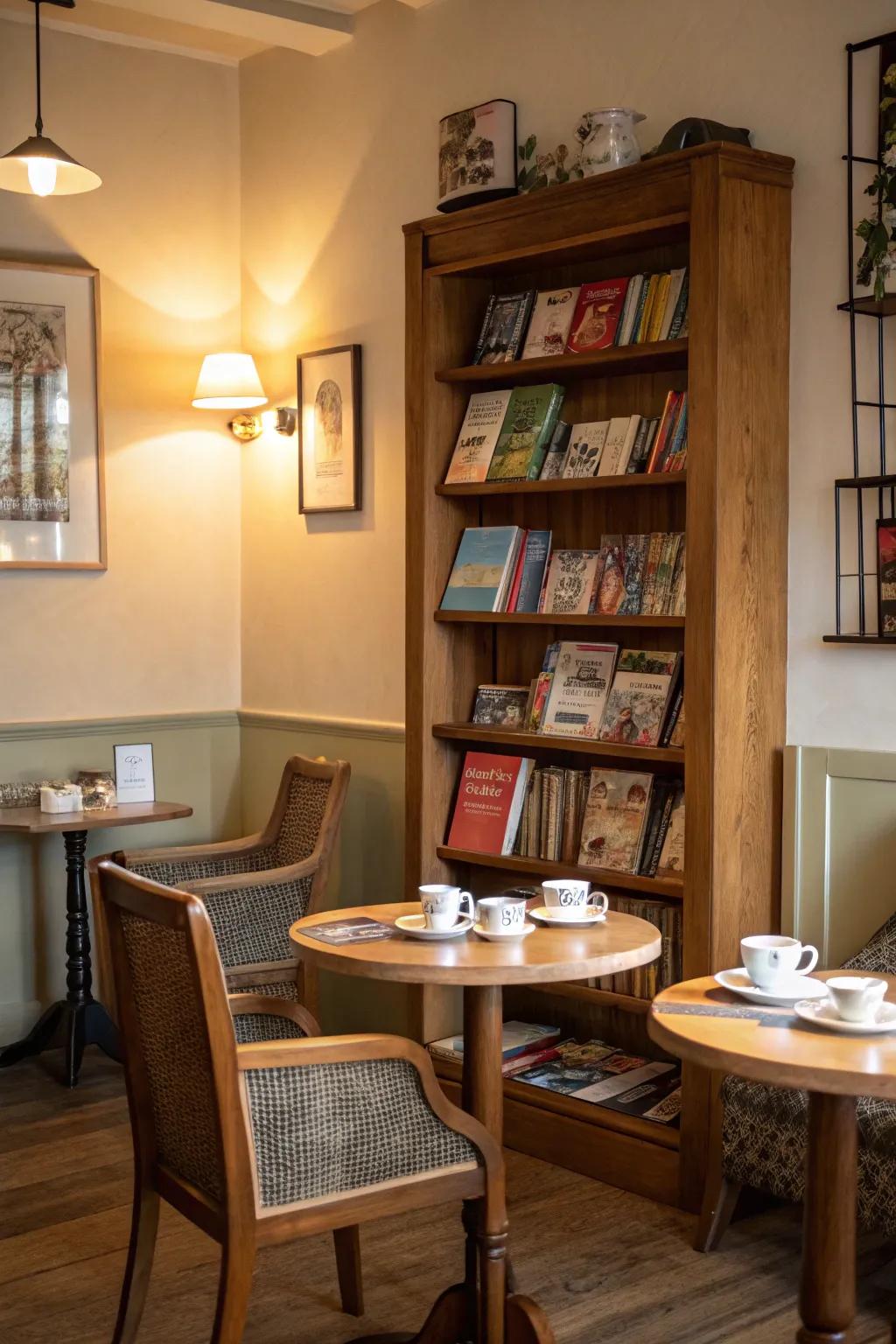 A book corner enriches the intellectual ambiance of your tea room.