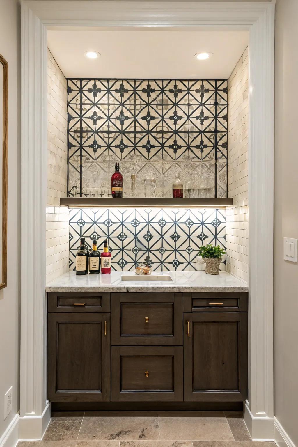 Symmetrical configurations contributing intrigue to a small wet bar.