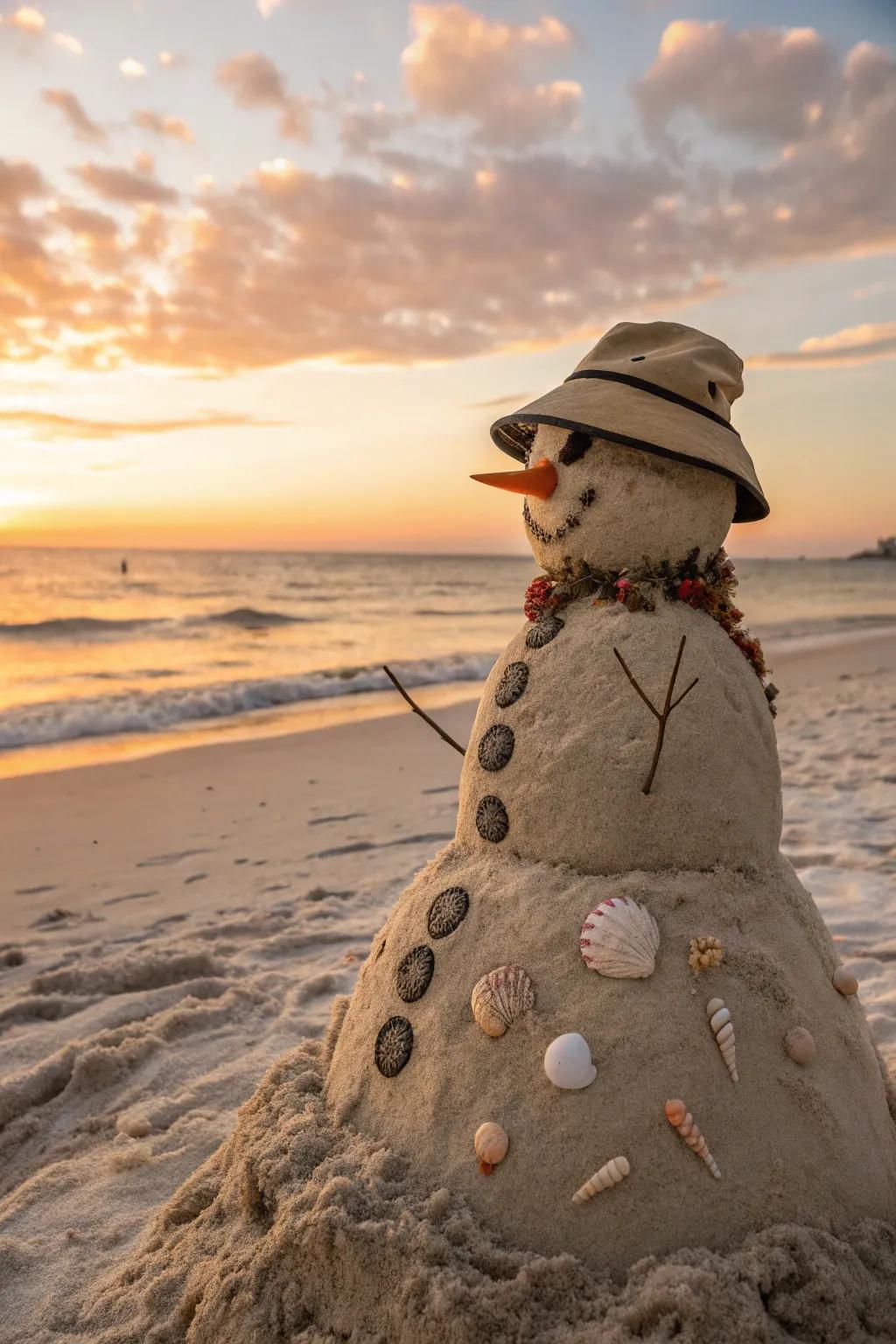 A sandcastle snowman intermingling littoral vibes with winter spirit.