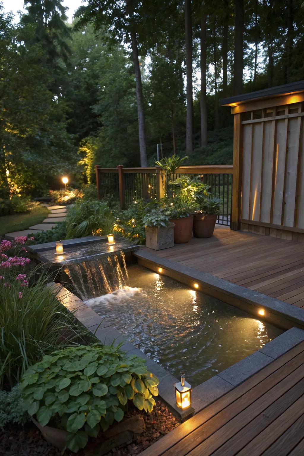 Your deck's ambiance gains tranquility from solar fountain lights.