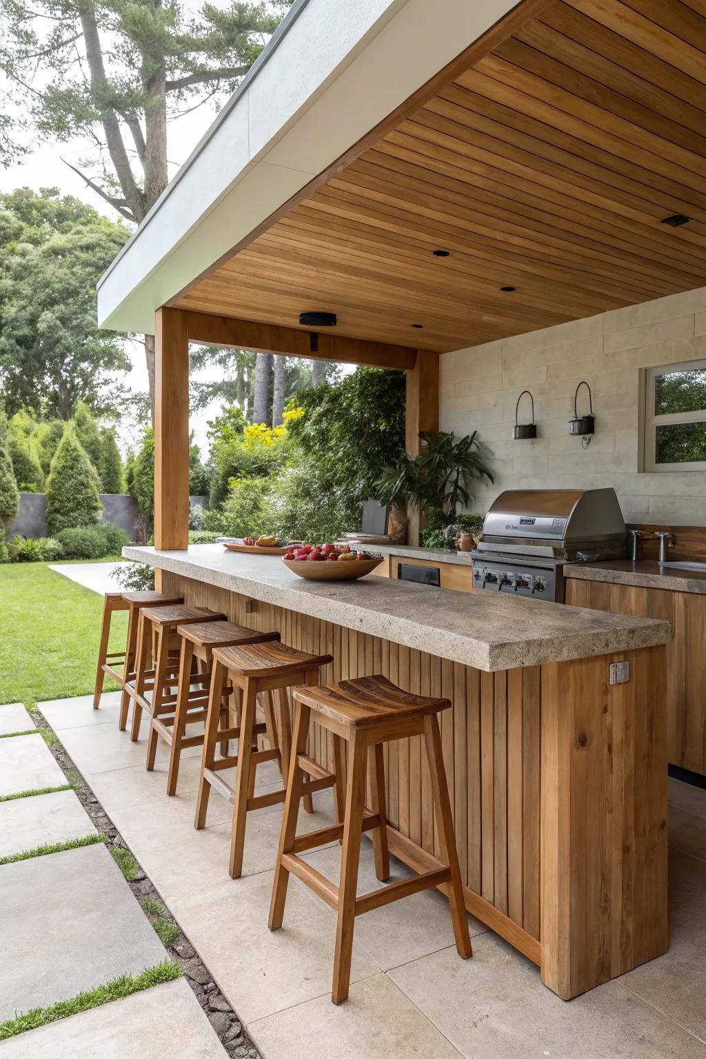 A comfortable bar zone with stools invites relaxation and socializing in this outdoor kitchen.