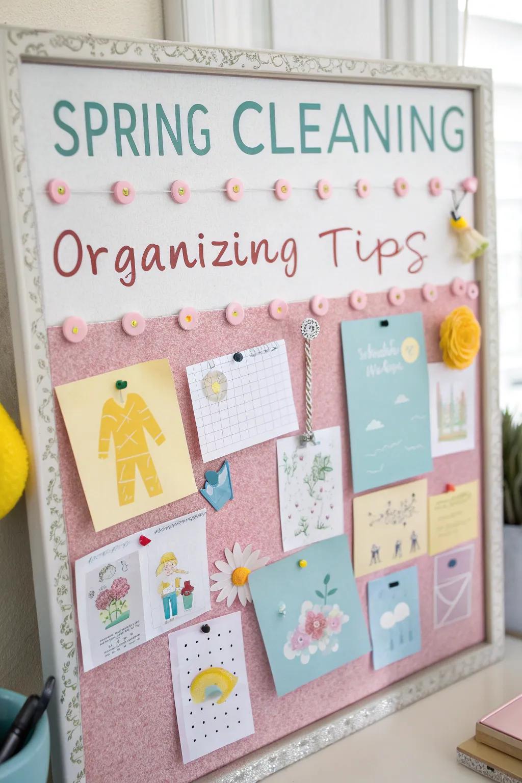 A mood board featuring practical spring cleaning and organizing advice.