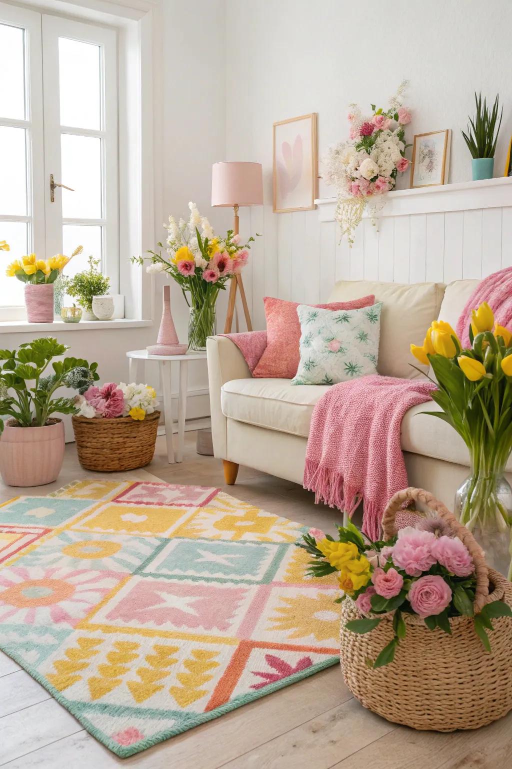 A spirited carpet can anchor your spring embellishments beautifully.