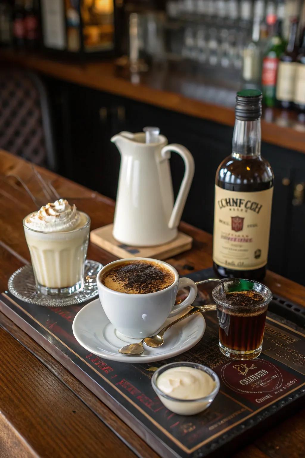 An Irish coffee assembly station offers warmth and comfort on a festive evening.