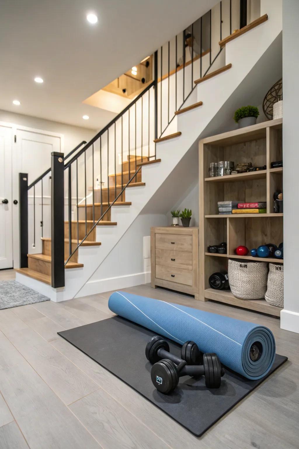 Keep moving by including a mini workout space beneath your stairwell.