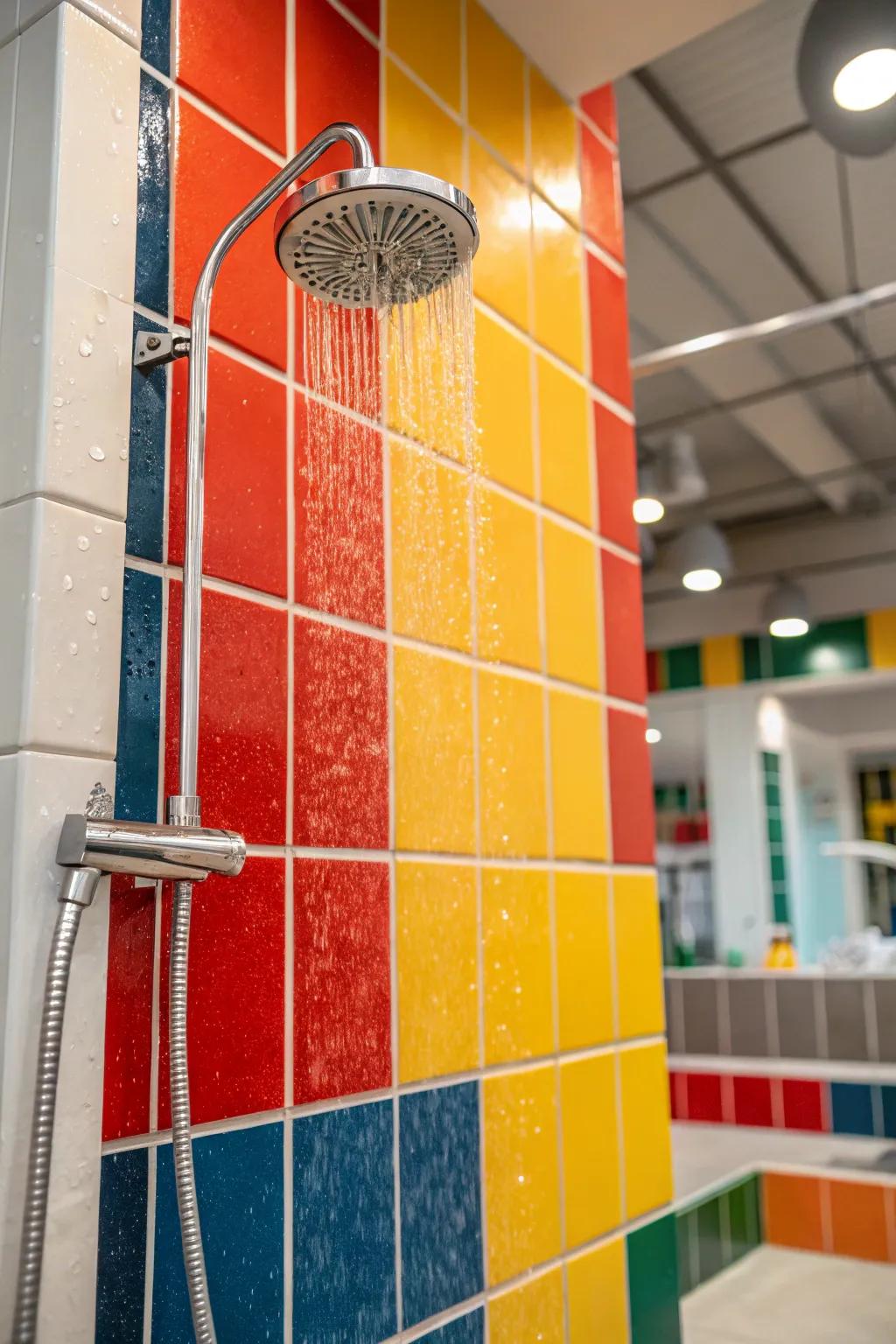 Bold colors revamping a shower into a striking focal point.