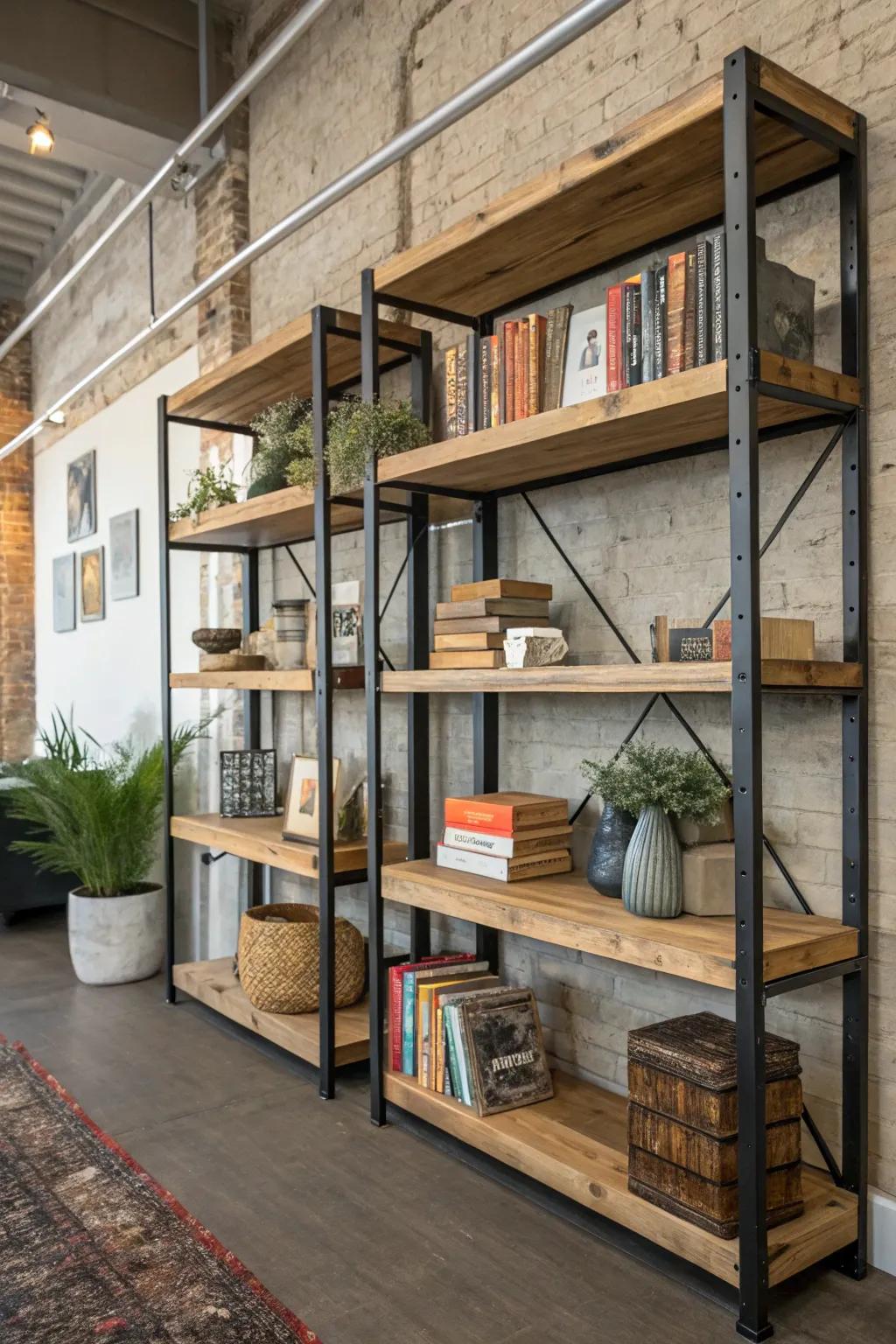 Industrial shelving blends practicality with steampunk style.