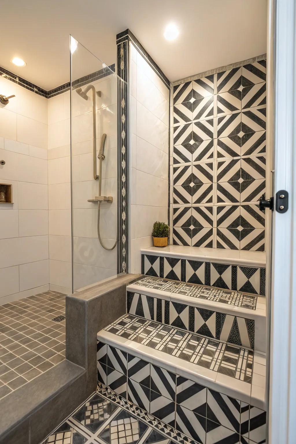 Sunken shower sporting bold geometric prints for a modern appeal.