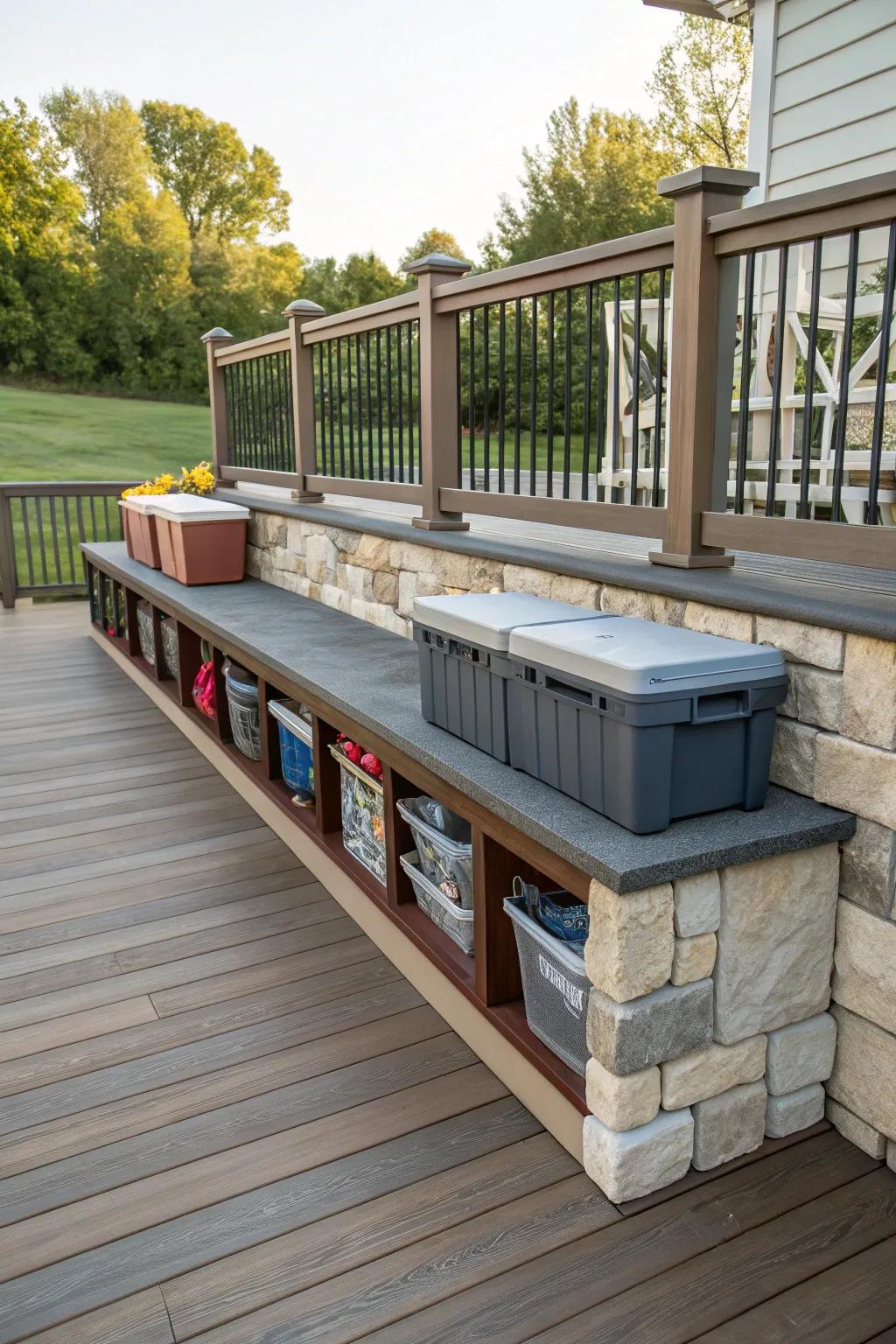A tidy deck through rock skirting cleverly concealing practical storage solutions.