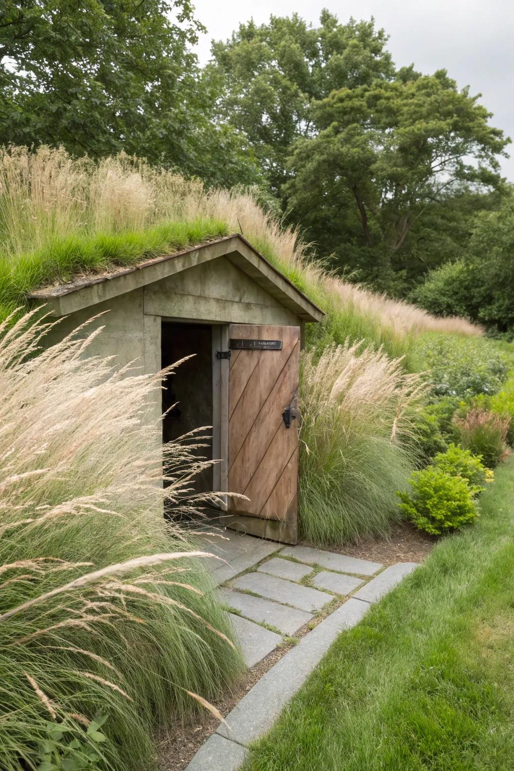 Indigenous grasses offer movement and eco-friendly beauty near the shelter.