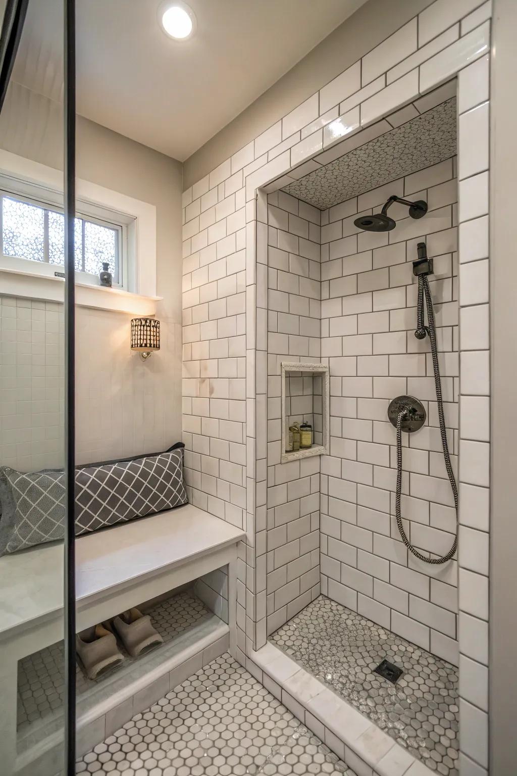 A spacious shower with a niche and seating.
