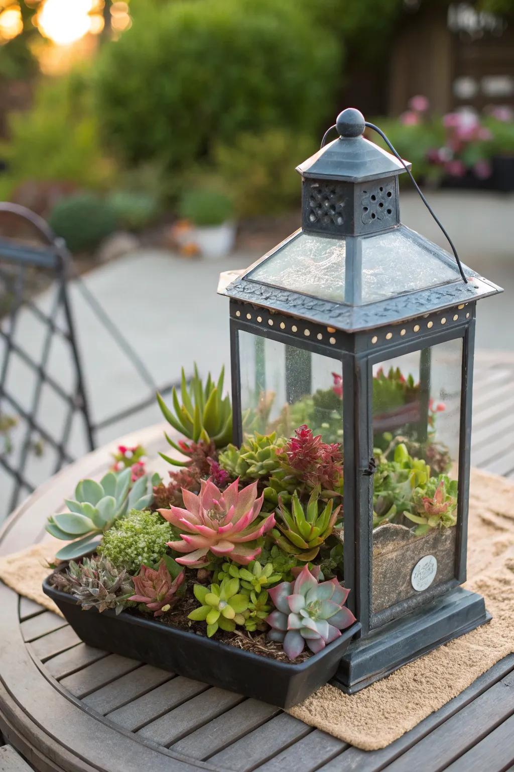 A charming signal lamp repurposed as a succulent planter.