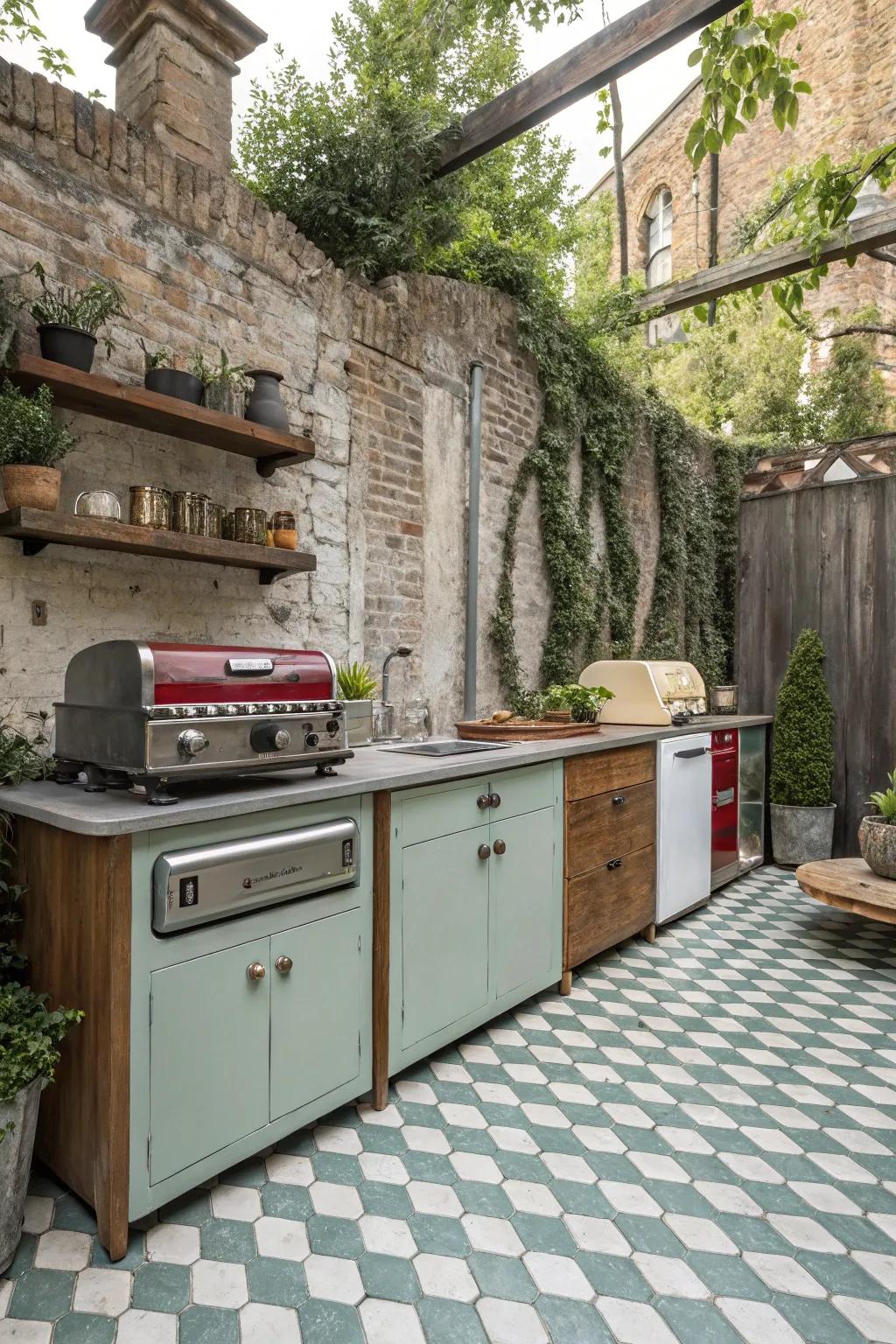 Aged-inspired elements introduce nostalgia to the outside kitchen.