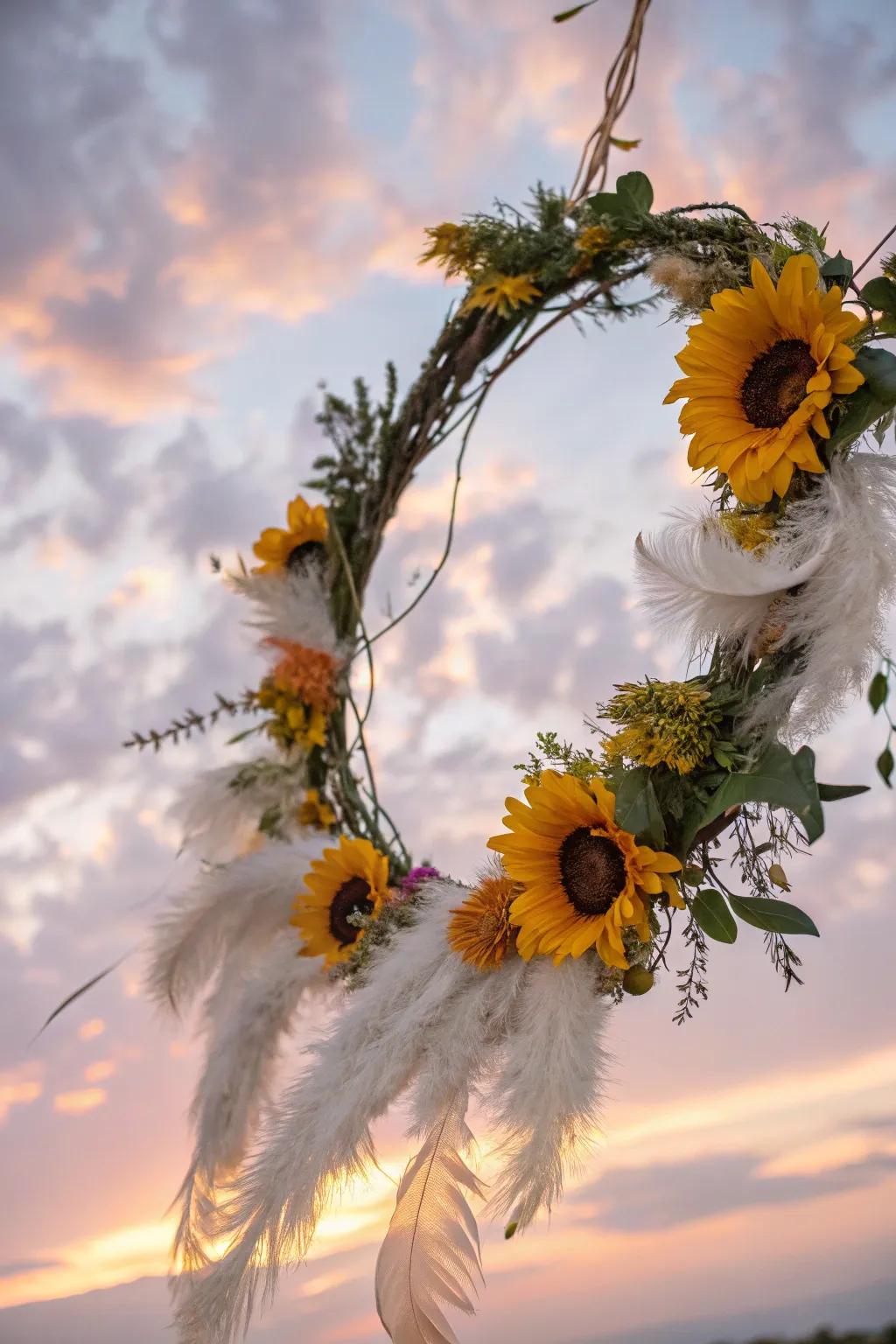 Experience ethereal beauty as delicate feathers intertwine with vibrant sunflowers.
