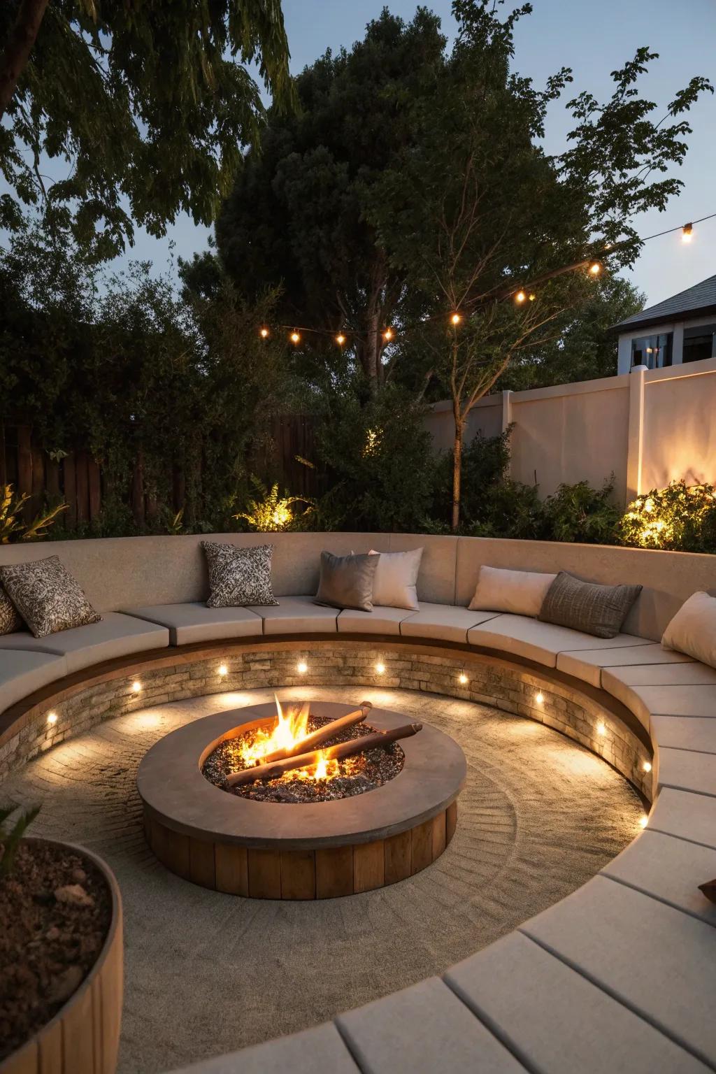 Hidden lights includes style to this below-ground fire pit.