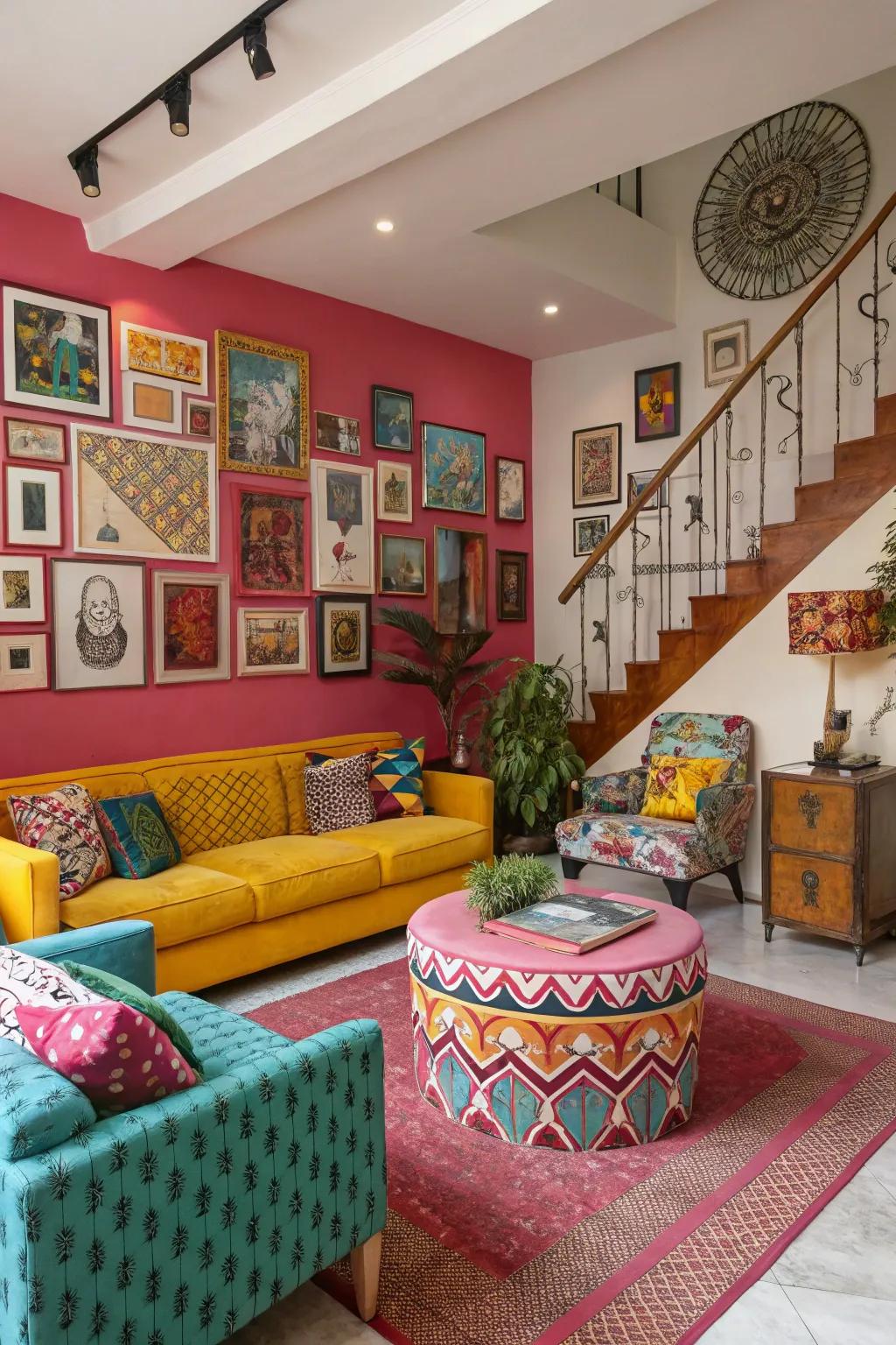 A sunken living room exhibiting bold and vibrant colors.