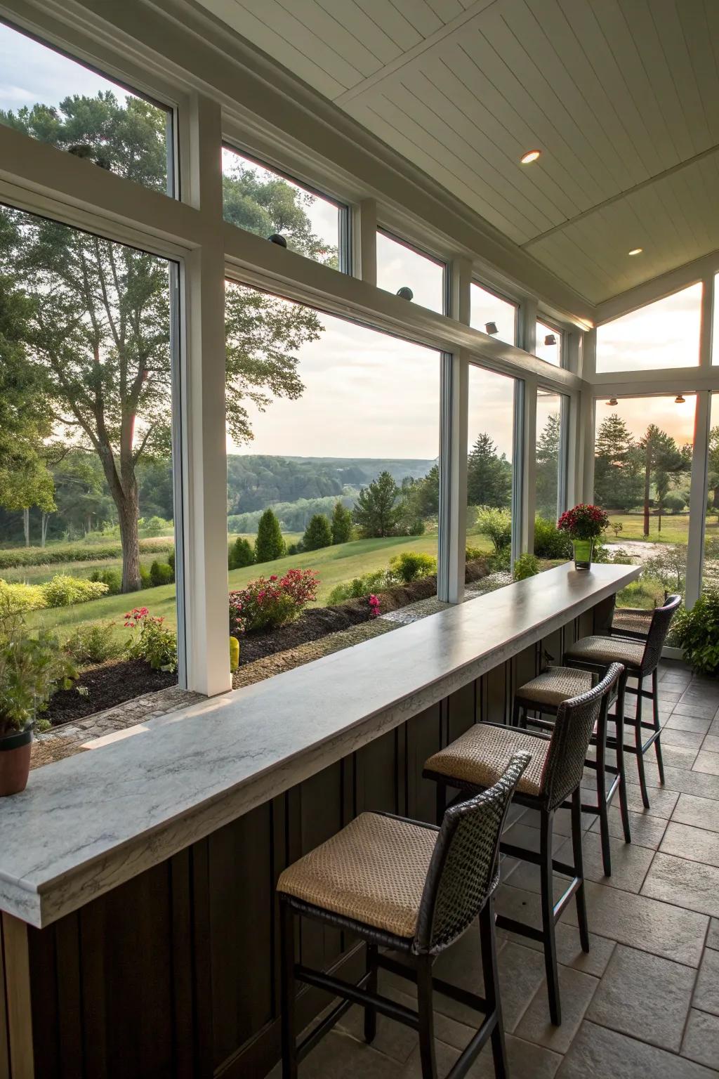 Exterior vistas create a serene and picturesque backdrop for your sunroom bar.