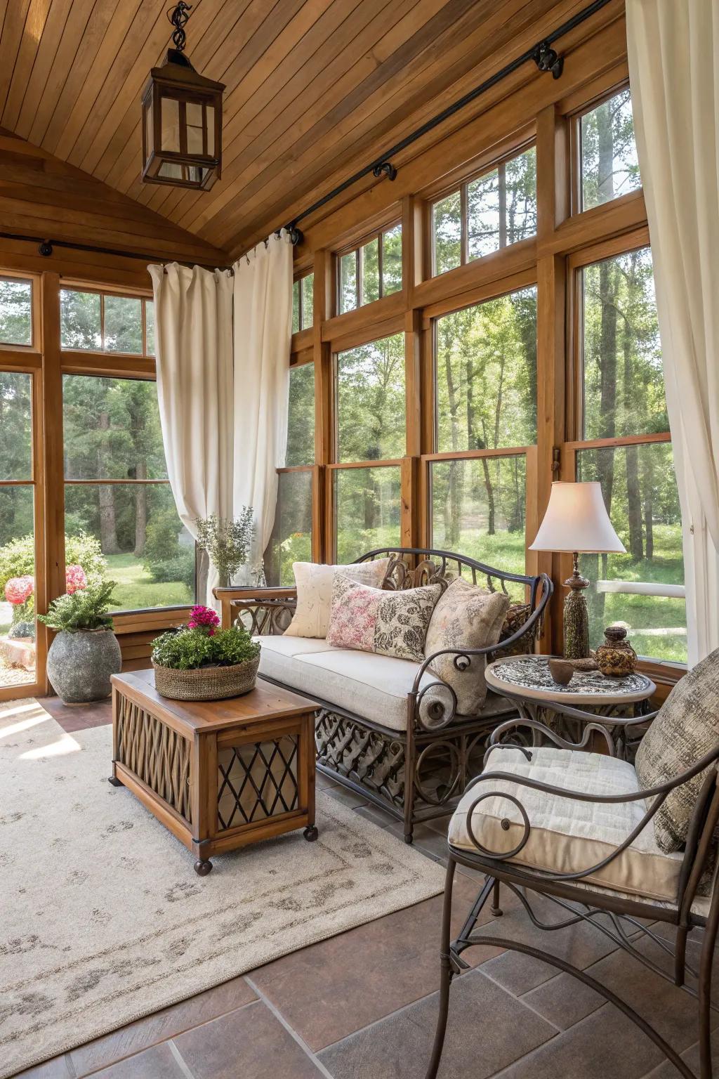 Blending compositions creates a rich and inviting sunroom.