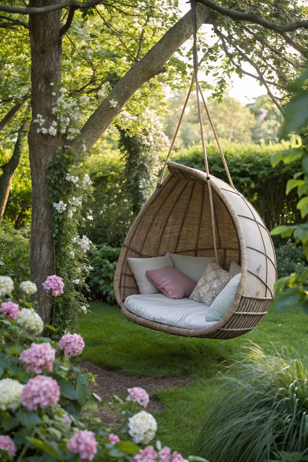 A swing pod delivers a private escape in the backyard.