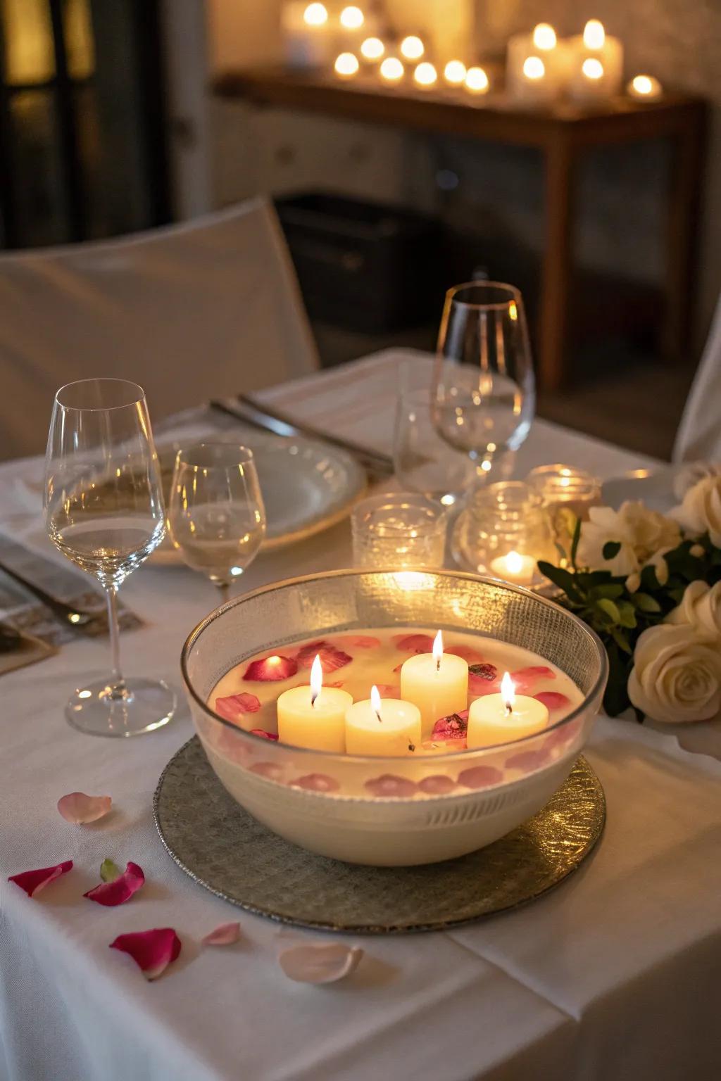 A romantic centerpiece with floating candles.