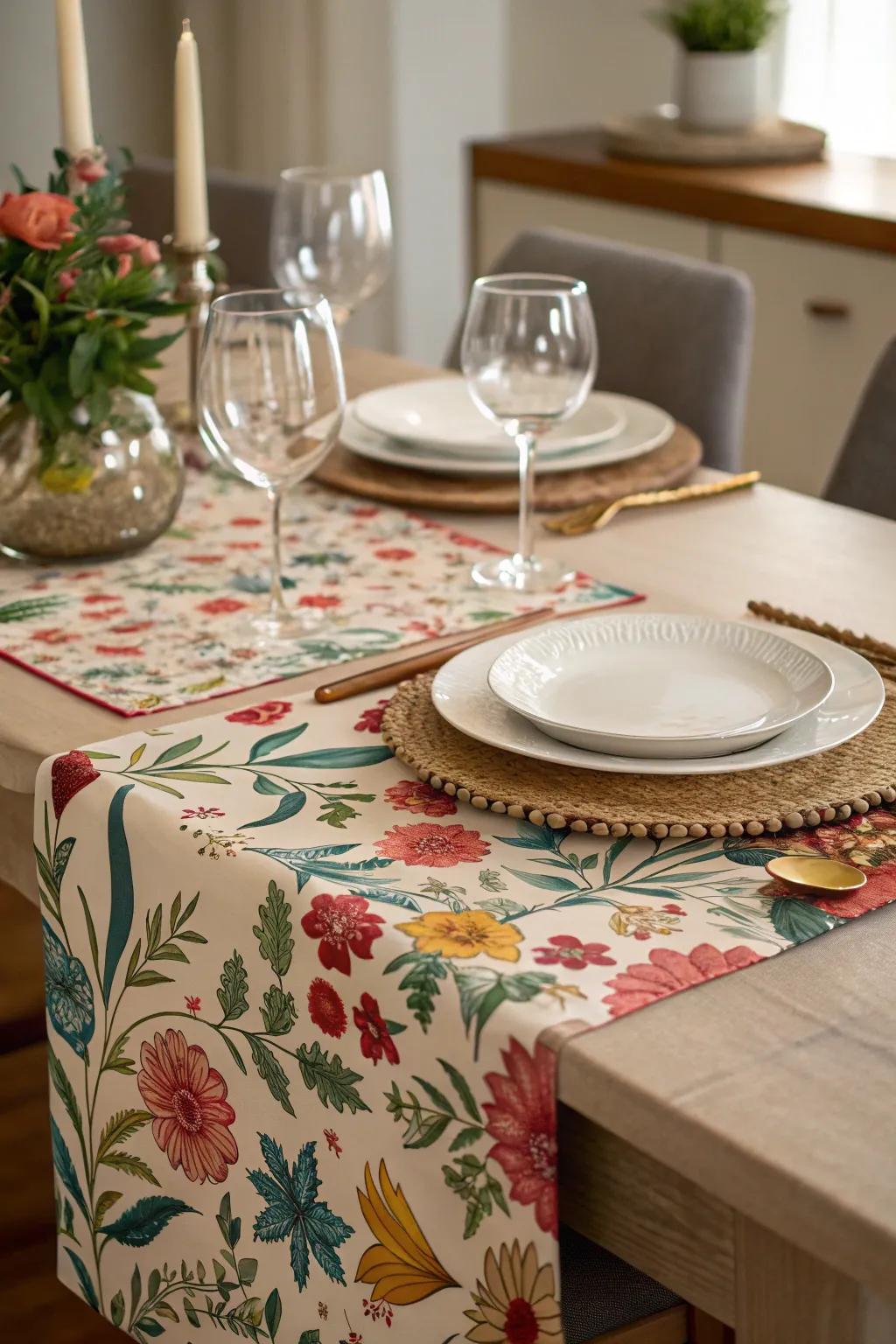 Bloom table runner for an elegant and feminine dining setting.