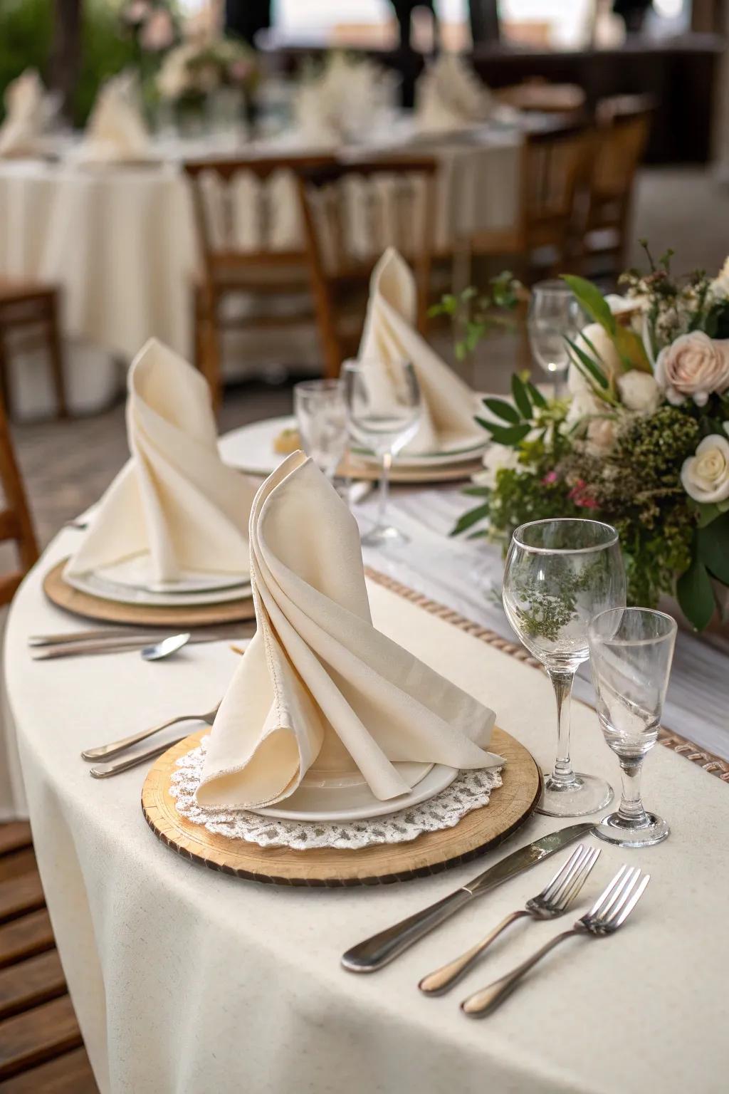 Draped napkins achieving an elegant cascading effect.