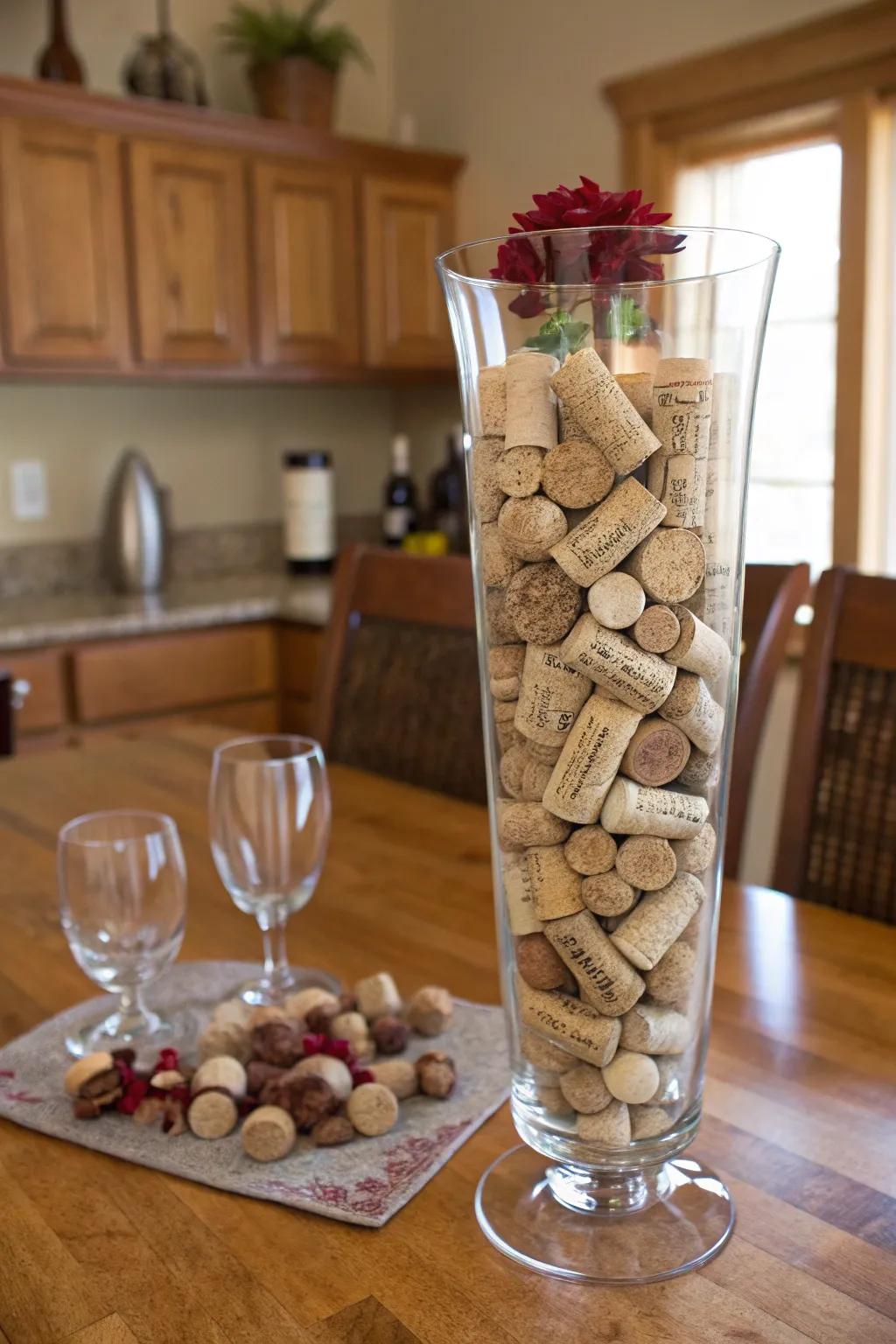 A tall glass vase layered with wine corks, adding a personal, rustic touch to the kitchen.