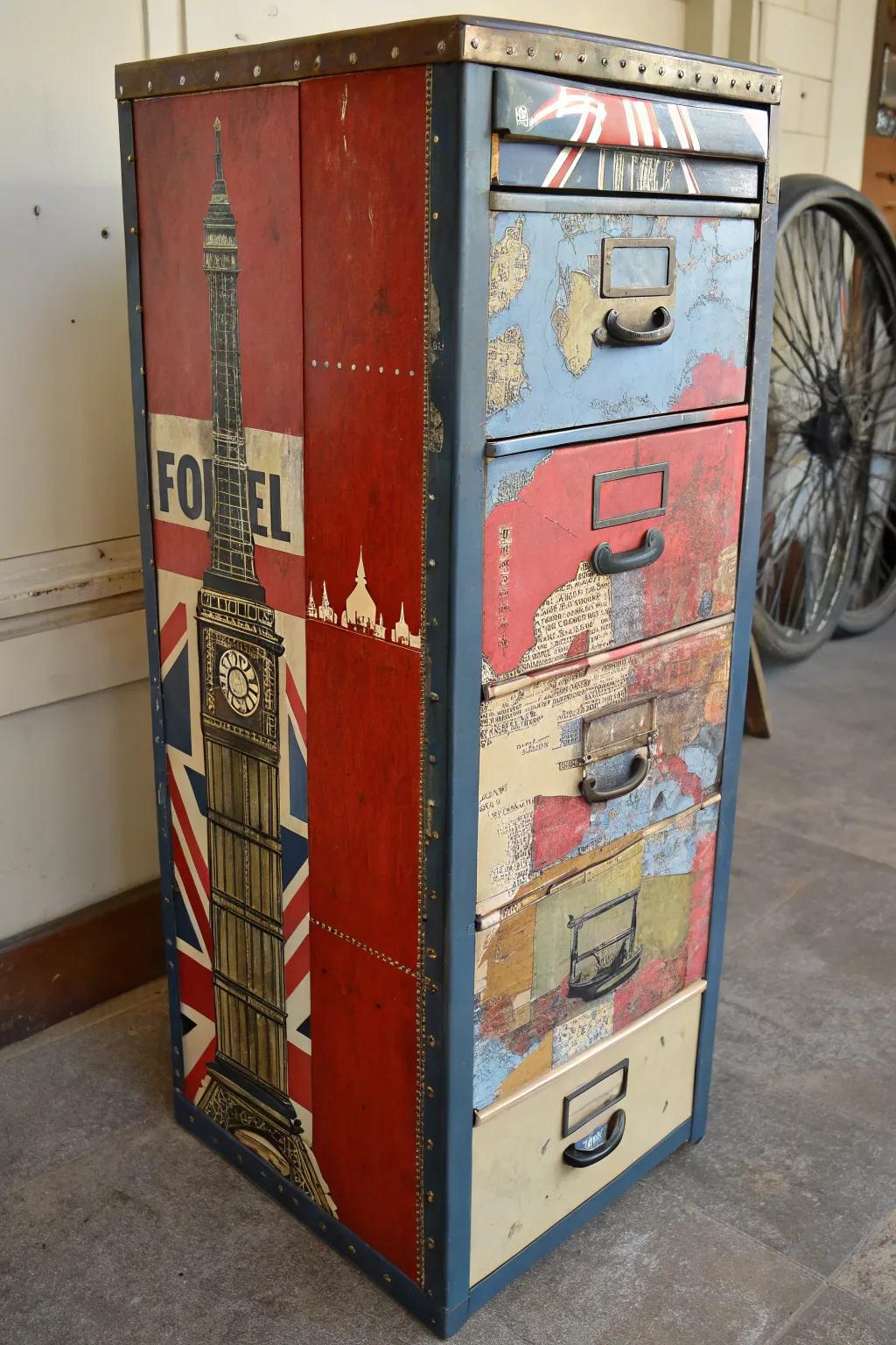 Discover the globe from your office through this classic journey-themed cabinet upgrade!