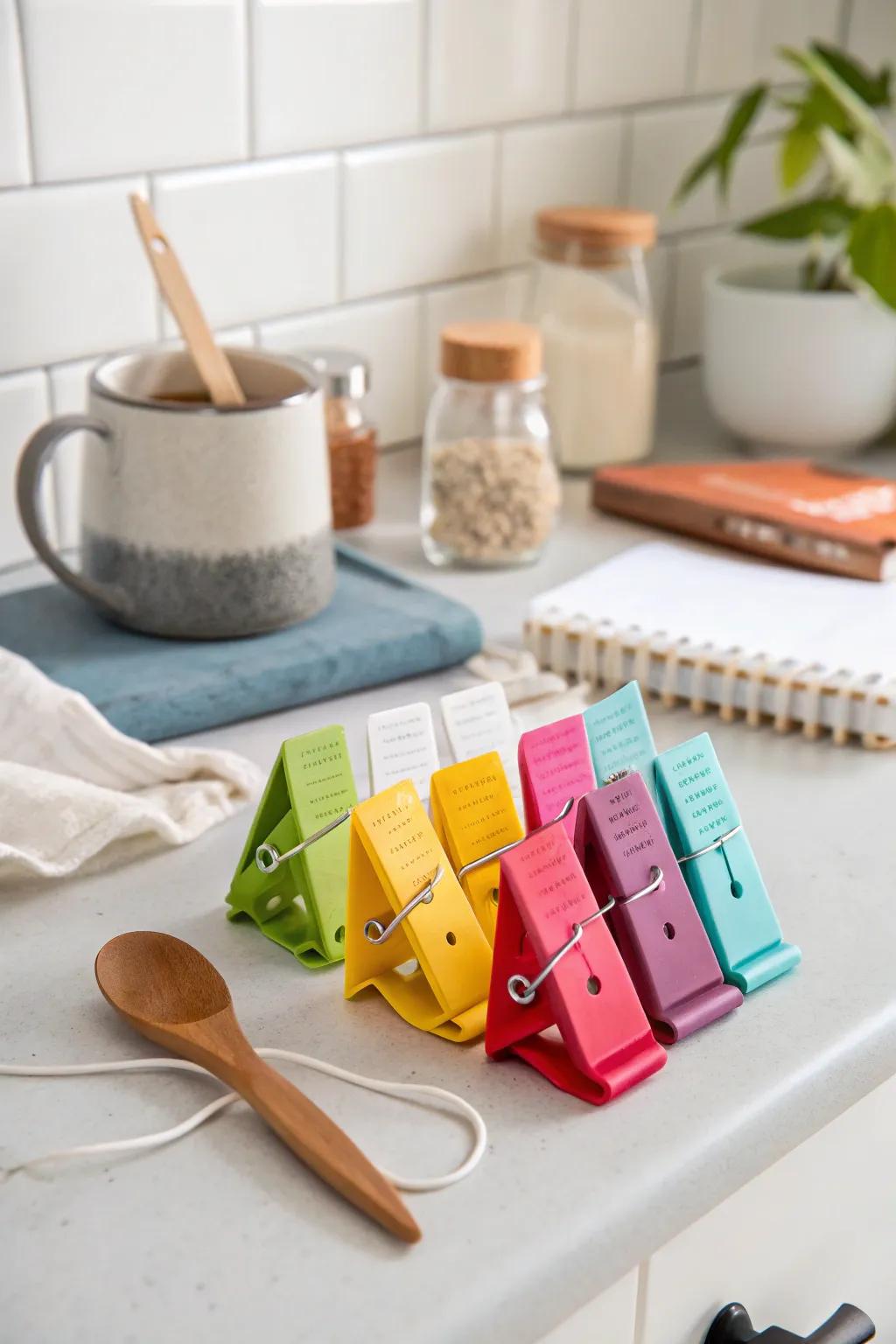 Tea bag clips for freshness and style.